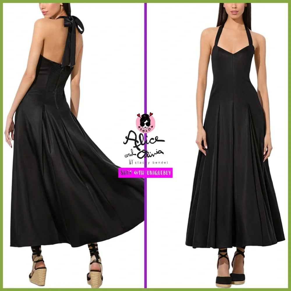 Alice + Olivia Isabelle Black Structured Pleated Flared Midi Dress